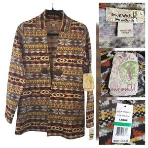 One World Womens L New Aztec Print Jacket- Western Festival Boho Cardigan Multi‎